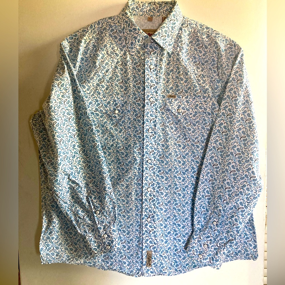 Rafter C men’s XL blue and black paisley on white Pearl snap long sleeve shirt